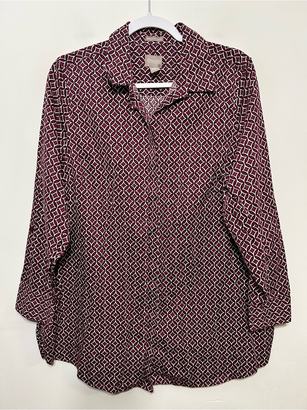 Chicos Wrinkle Resistant Geometric Roll Tab Sleeve Button Up Shirt Women Size 12